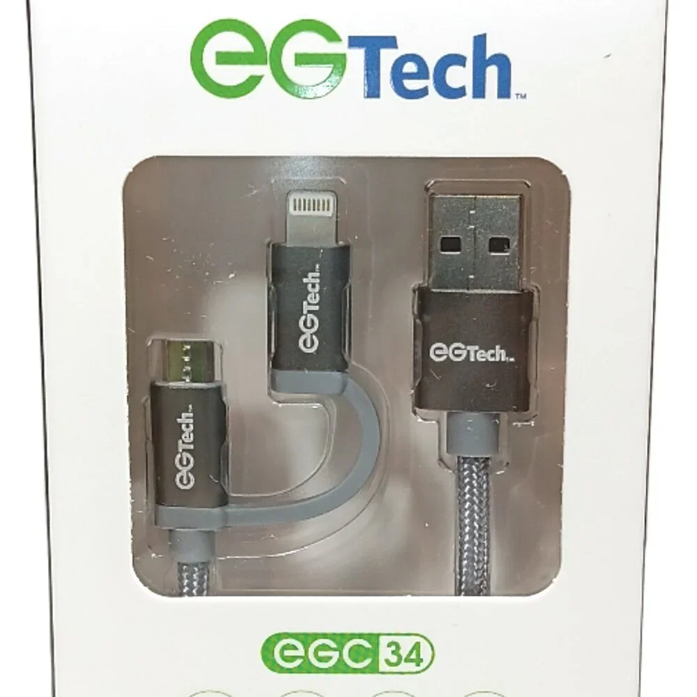 EG Tech 2-in-1 Charging Sync Cable Gray Braided 3 ft 2.1A USB Micro-USB Lighting